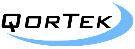 Black text that says "QorTek" in all caps and is slightly leaning towards the right. There are no serifs and the text is right above a light blue swoosh symbol.