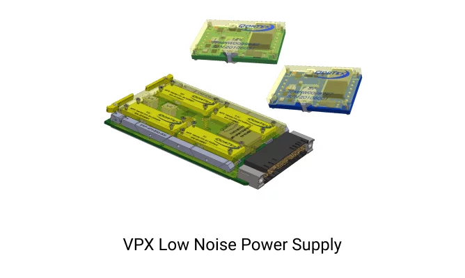 A CAD model of low noise power supply. There are three components being shown that are green, yellow, black, and blue. The QorTek logo is branded on each of them.