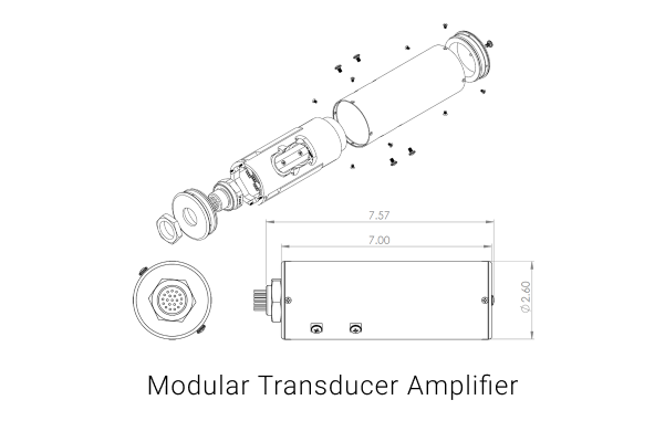 Schematics showing how the parts of the Modular Transducer Amp fit together. The cylinder containing the Modular Transducer Amp board shows dimensions around it. It is 7 inches long not including the connection component on one side. Including that component, the MTA cylinder is 7.57 inches long. This cylinder also has a radius of 2.6 inches. Underneath the image is the name of the device.