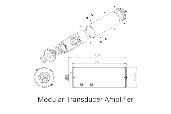 Schematics showing how the parts of the Modular Transducer Amp fit together. The cylinder containing the Modular Transducer Amp board shows dimensions around it. It is 7 inches long not including the connection component on one side. Including that component, the MTA cylinder is 7.57 inches long. This cylinder also has a radius of 2.6 inches. Underneath the image is the name of the device.
