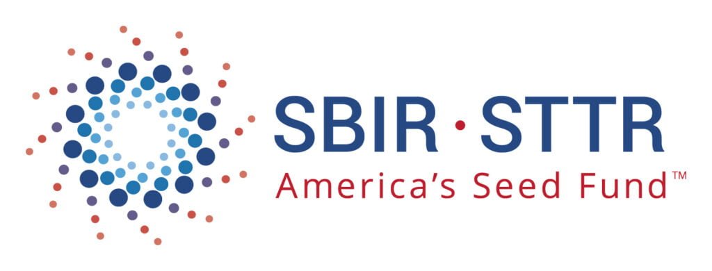 SBIR and STTR logo. The left side of the logo shows a spiral made of varying sized circles in various shades of red and blue. On the right of this spiral are the words "SBIR STTR" and underneath these words it says "America's Seed Fund".